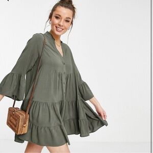 QED London tiered button down smoke dress in Khaki